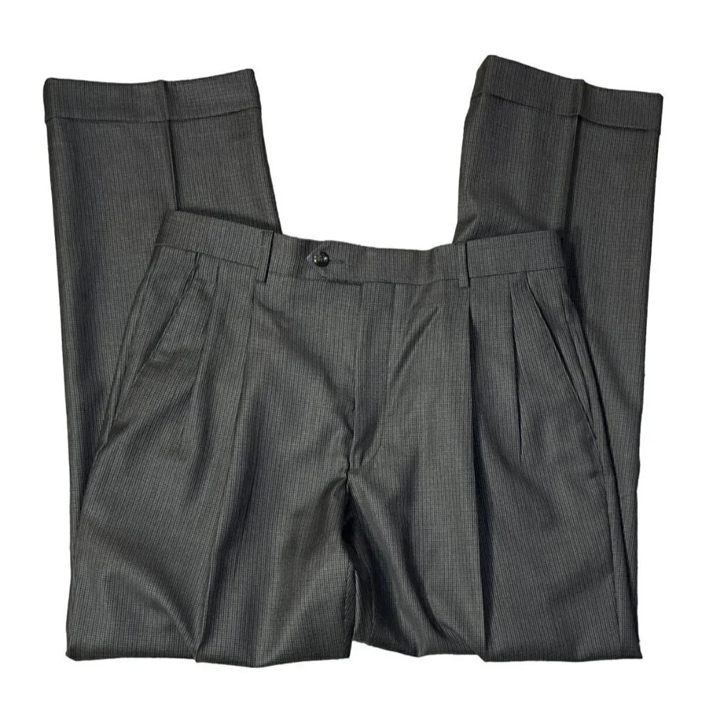 Joseph A. Banks Men's Wool Dress Pants Pleated Brown Taupe Check Size 33 Regular